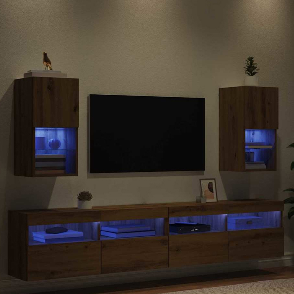 vidaXL Single Door 2 Shelf Artisan Oak Wall Mounted LED TV Unit Set of 2 Image 1