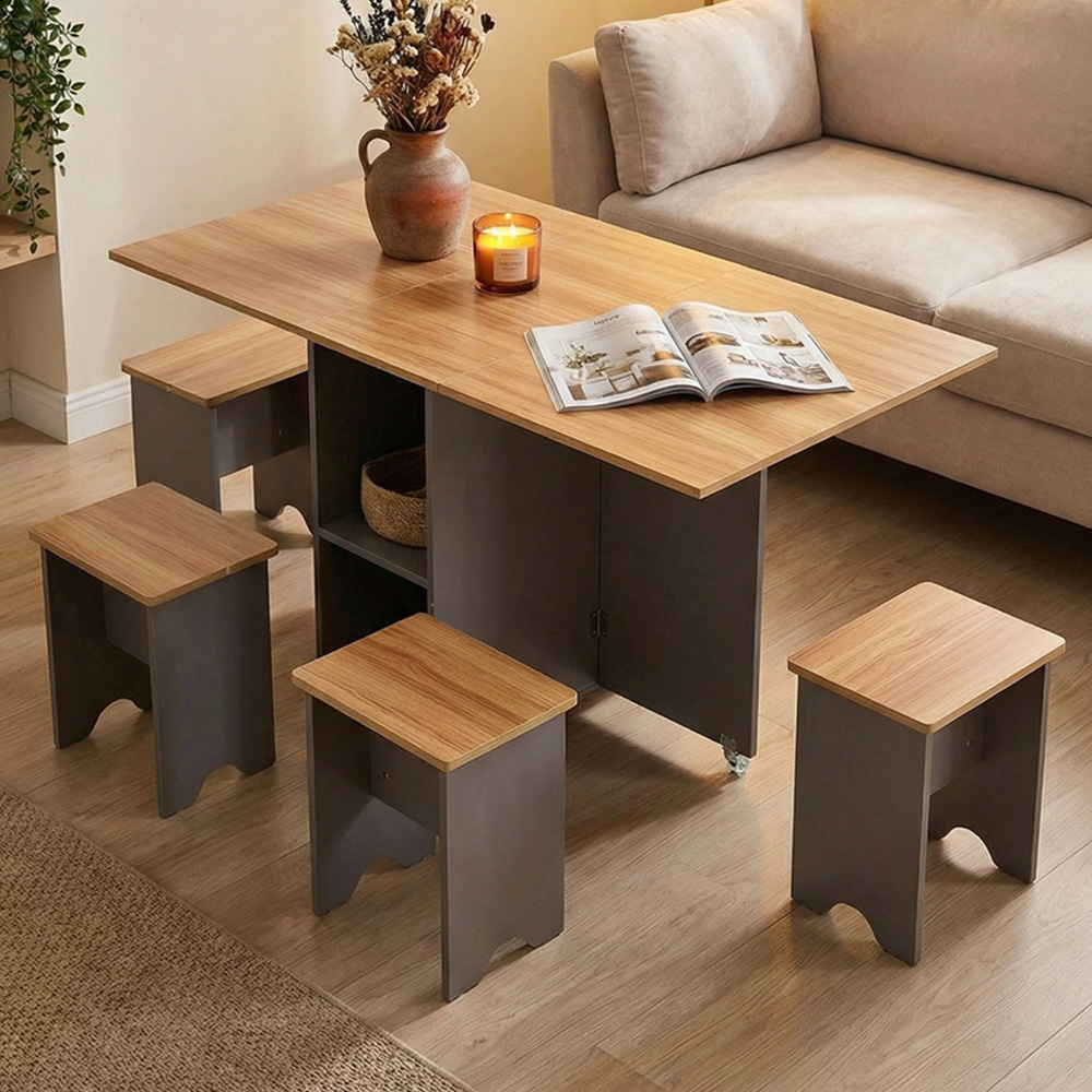 Living and Home 4 Seater Drop-Leaf Dining Table and Stool Set Grey and Natural Wood Grain Image 1