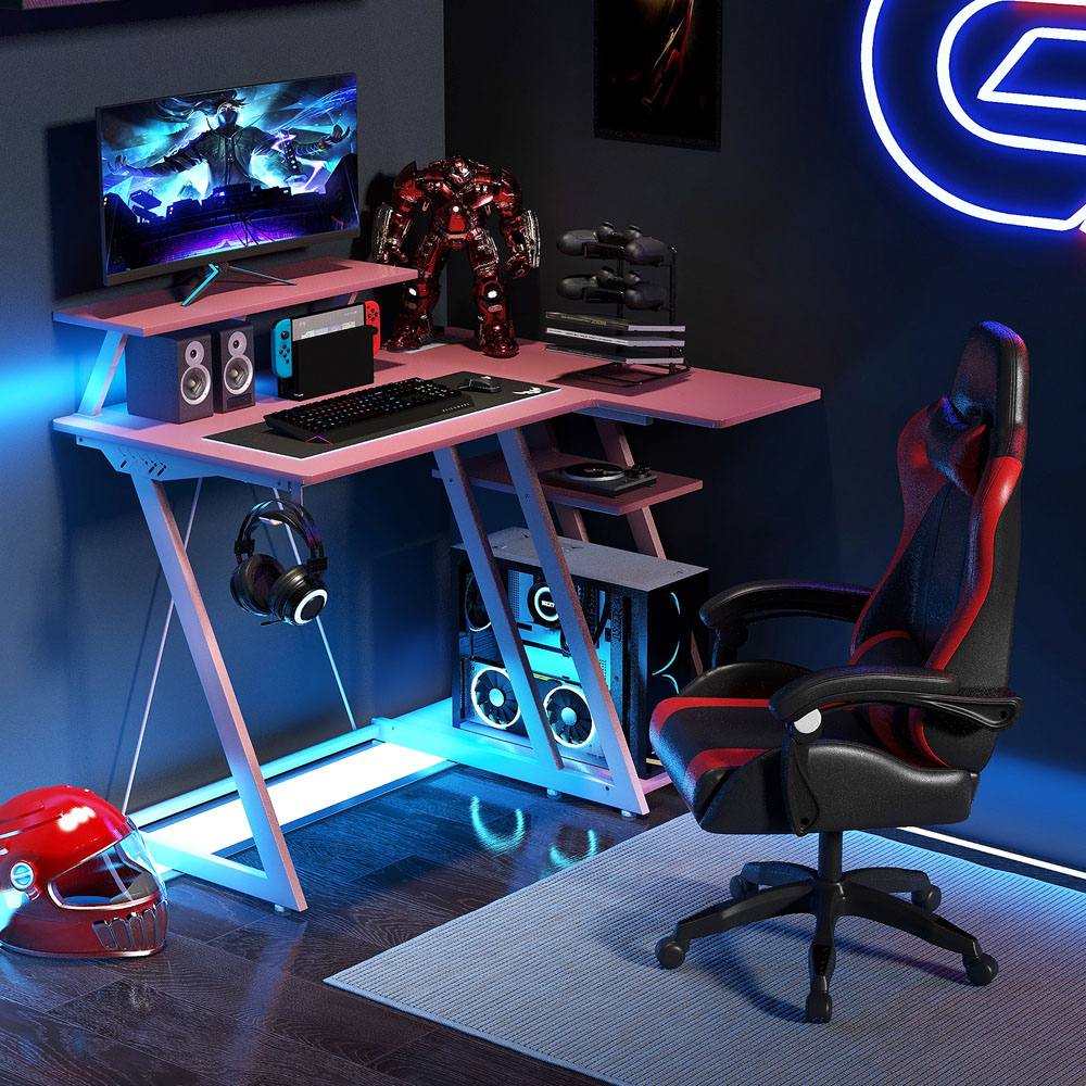Costway L Shaped Gaming Desk with USB Ports Pink Image 3