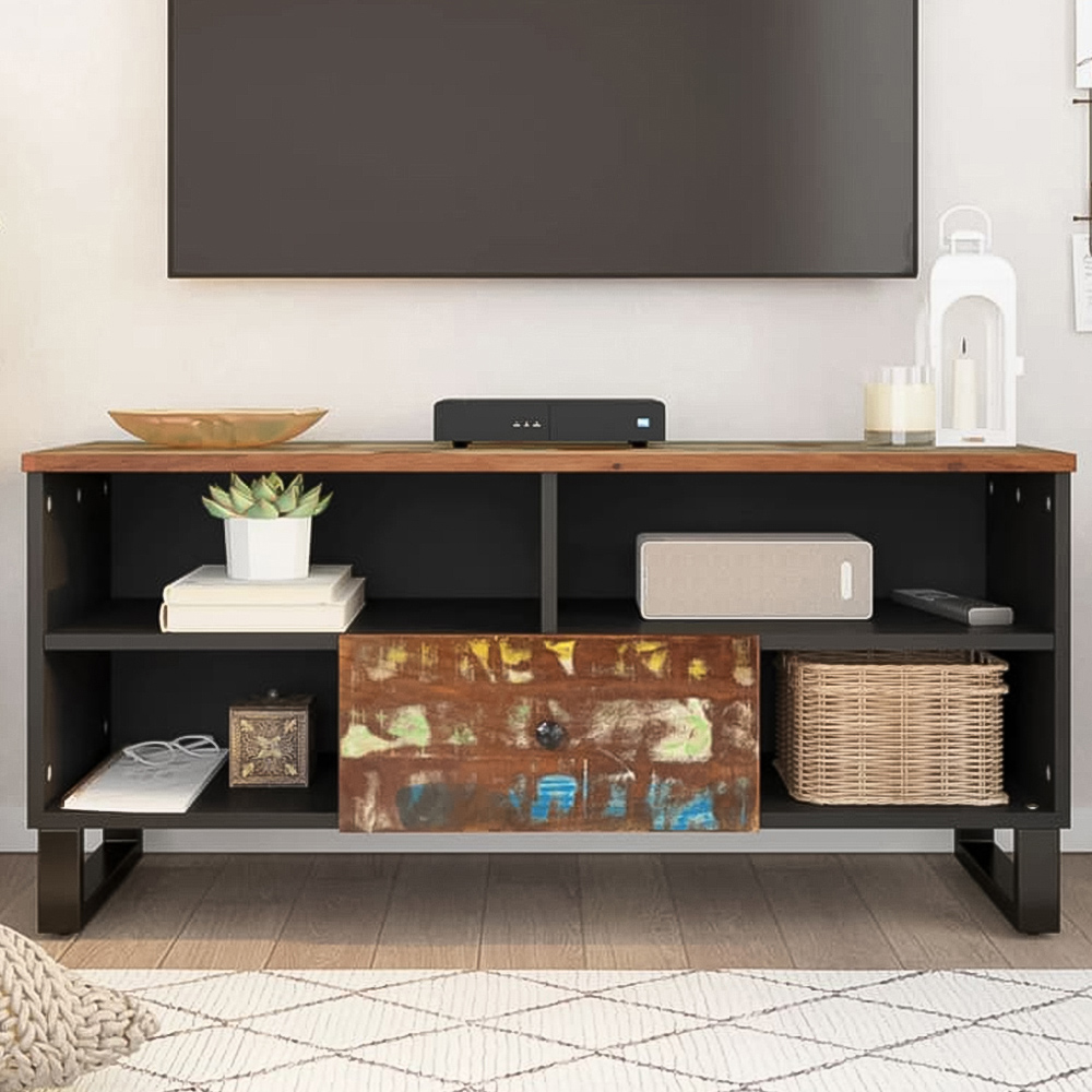 vidaXL Single Drawer 4 Shelf Multicolour Solid Reclaimed Wood TV Cabinet Image 1