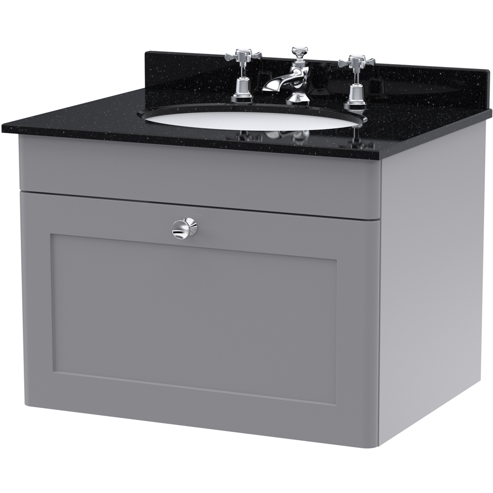 nuie Classique Single Drawer Satin Grey and Black Wall Hung Unit and 3 Tap Hole Marble Basin 600mm Image 1