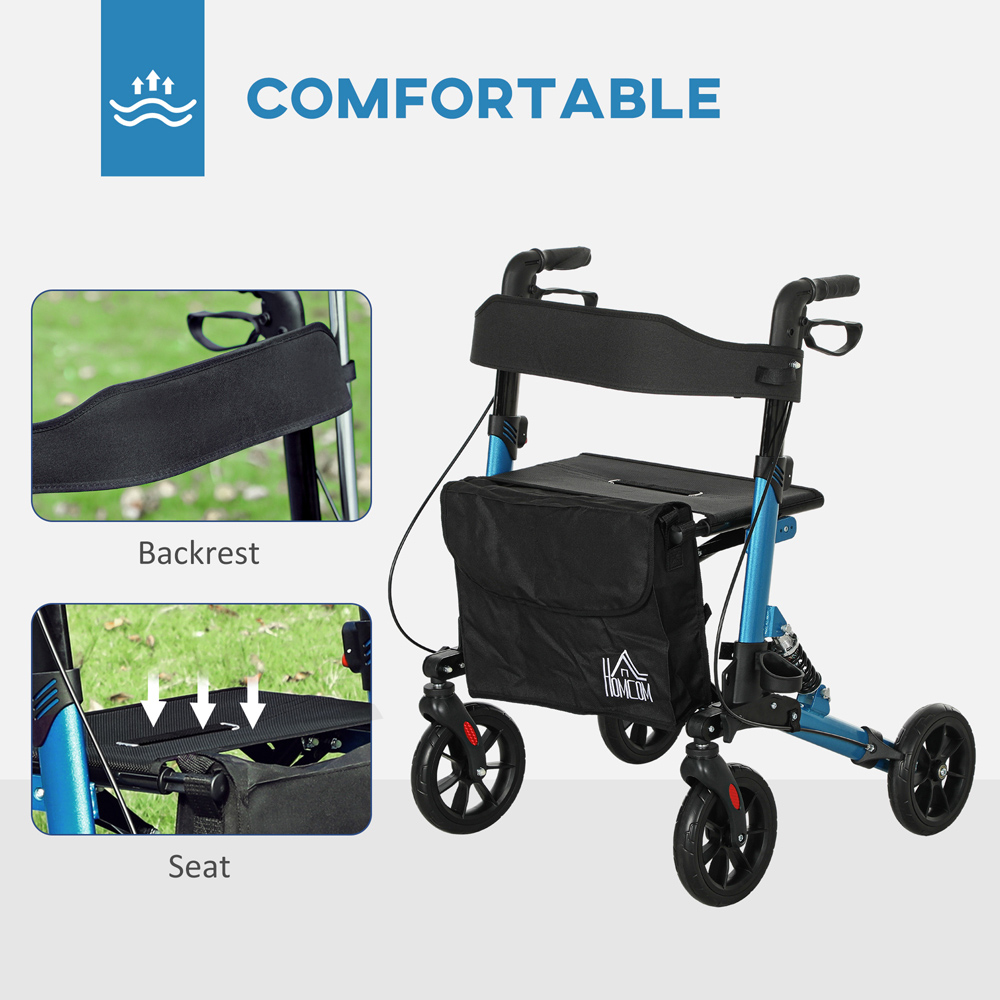 HOMCOM Blue 4-Wheel Foldable Rollator Walker with Suspension Seat and Storage Bag Image 4