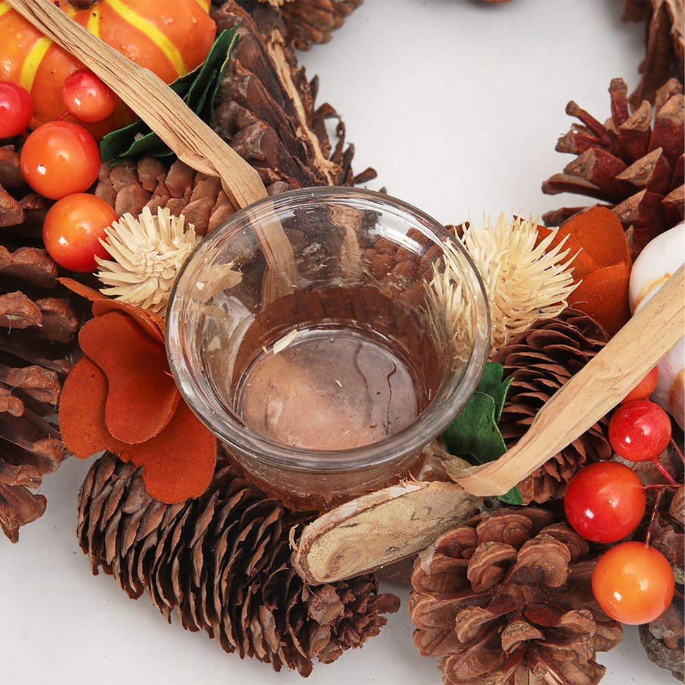 Living and Home Wreath Candle Holder with Maple Cone Berries and Pumpkins 30cm Image 5