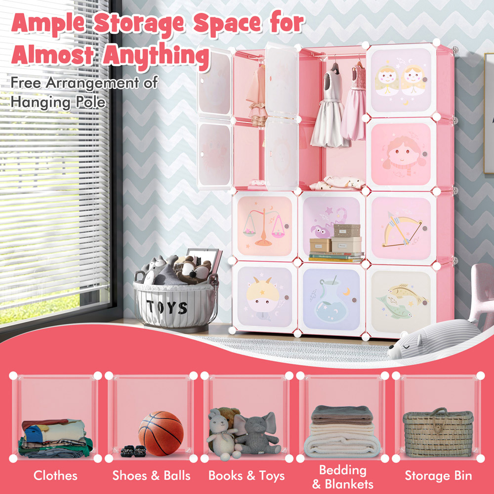 Costway 12 Cube Pink Kids Portable Wardrobe Image 6