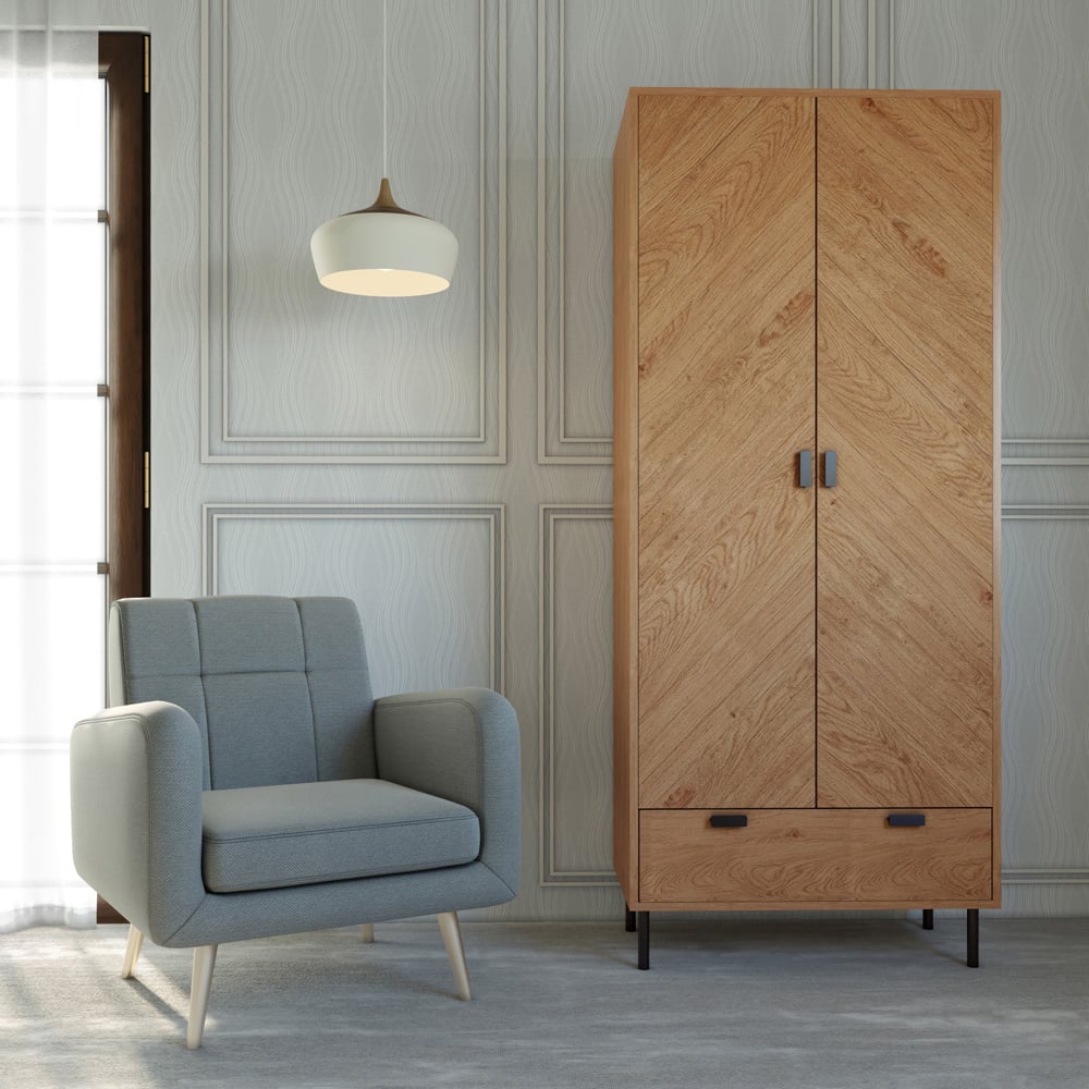 Seconique Leon 2 Door Single Drawer Medium Oak Effect Wardrobe Image 9