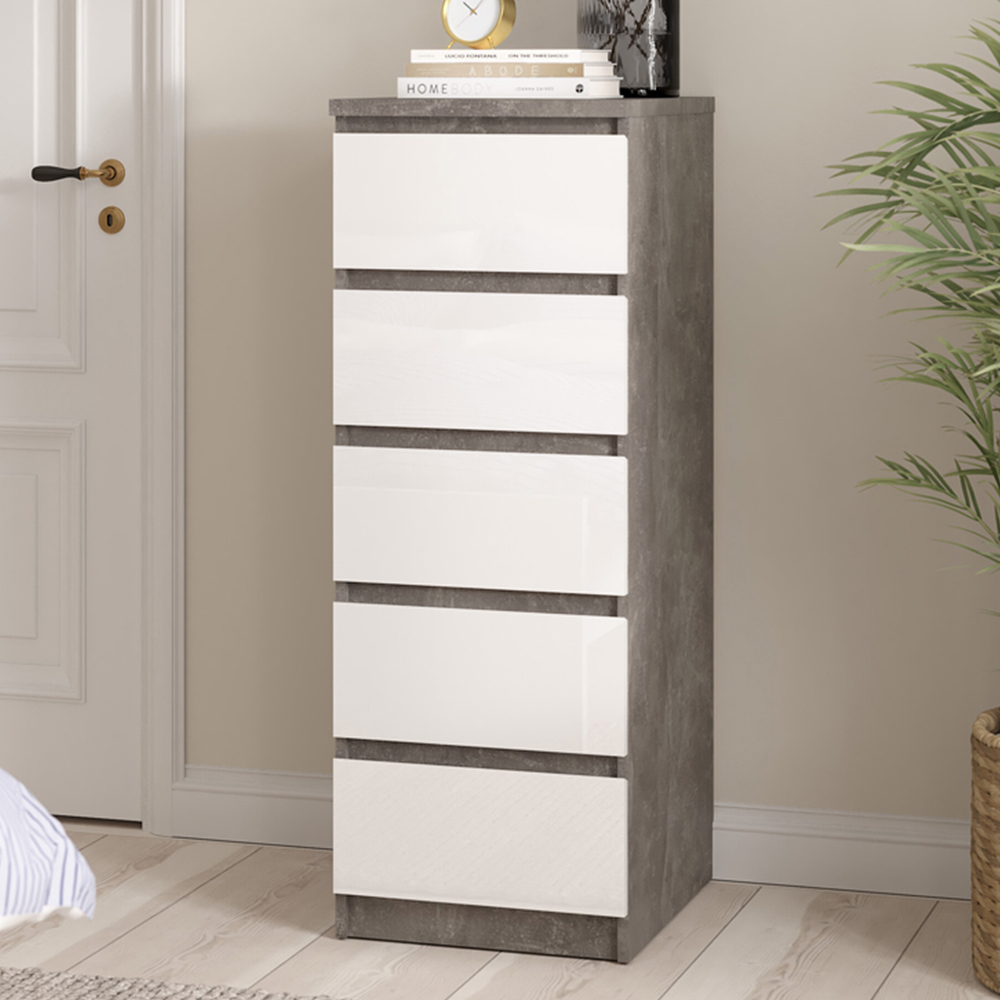Florence 5 Drawer Concrete and White High Gloss Narrow Chest of Drawers Image 1
