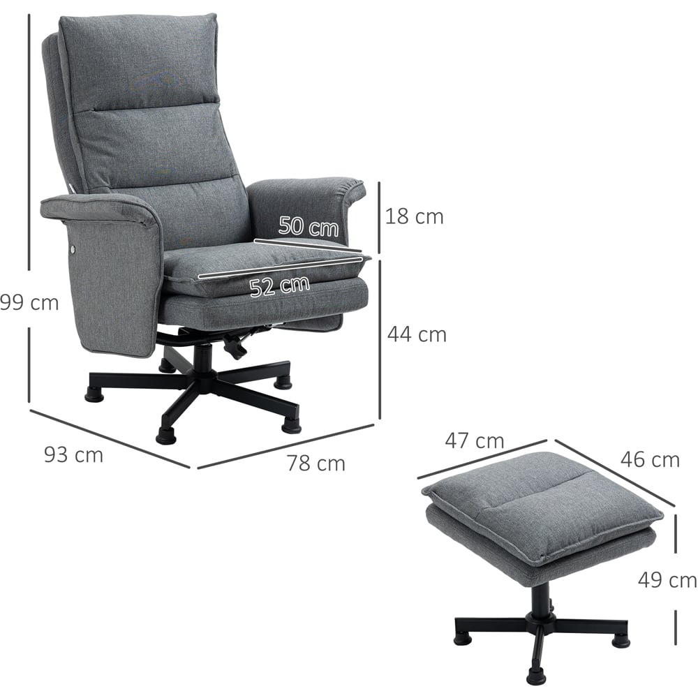 HOMCOM Grey Upholstered Massage Swivel Recliner Armchair with Footstool Image 8