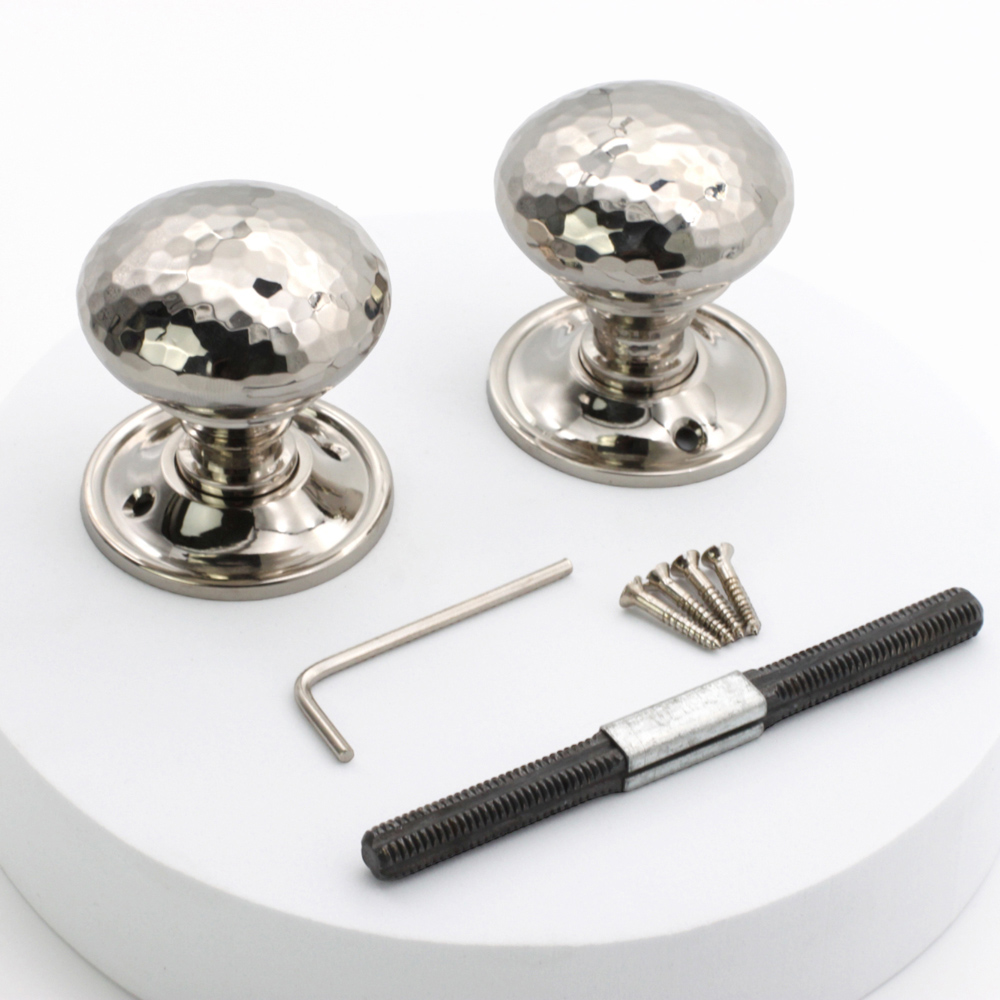 Spira Brass Polished Nickel Hammered Mushroom Rim and Mortice Door Knob 2 Pack Image 4
