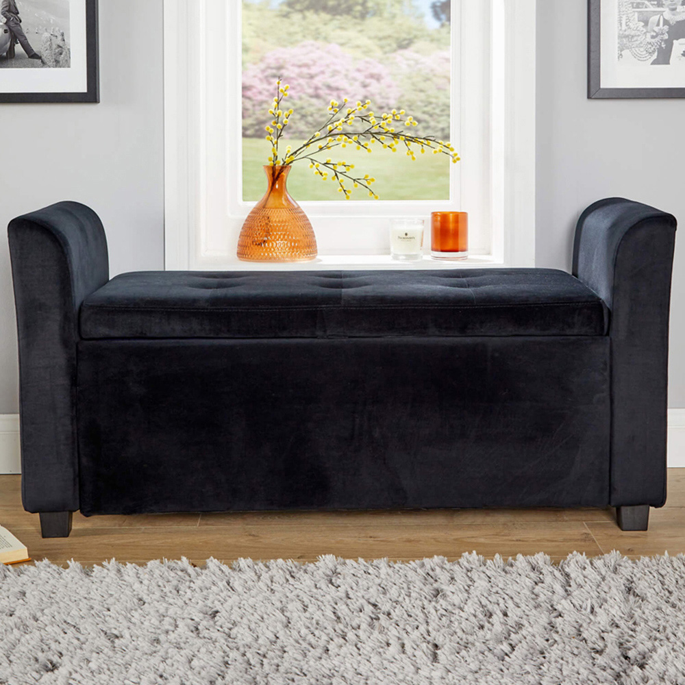 Home Source Verona Black Velvet Sleigh Style Window Seat with Storage Image 1