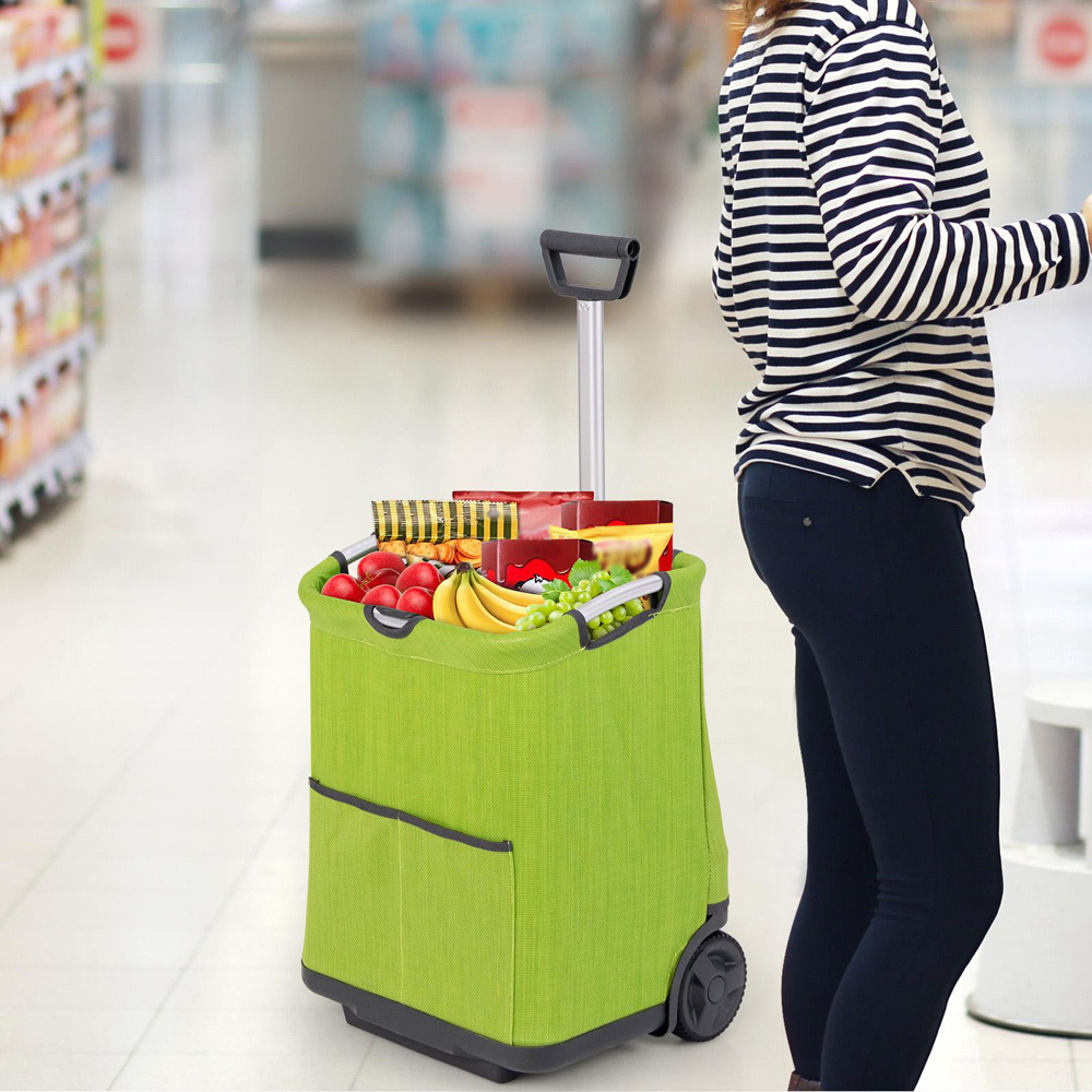 Costway 50L 3 Pockets Green Folding Shopping Cart with Retractable Handlebar Image 2