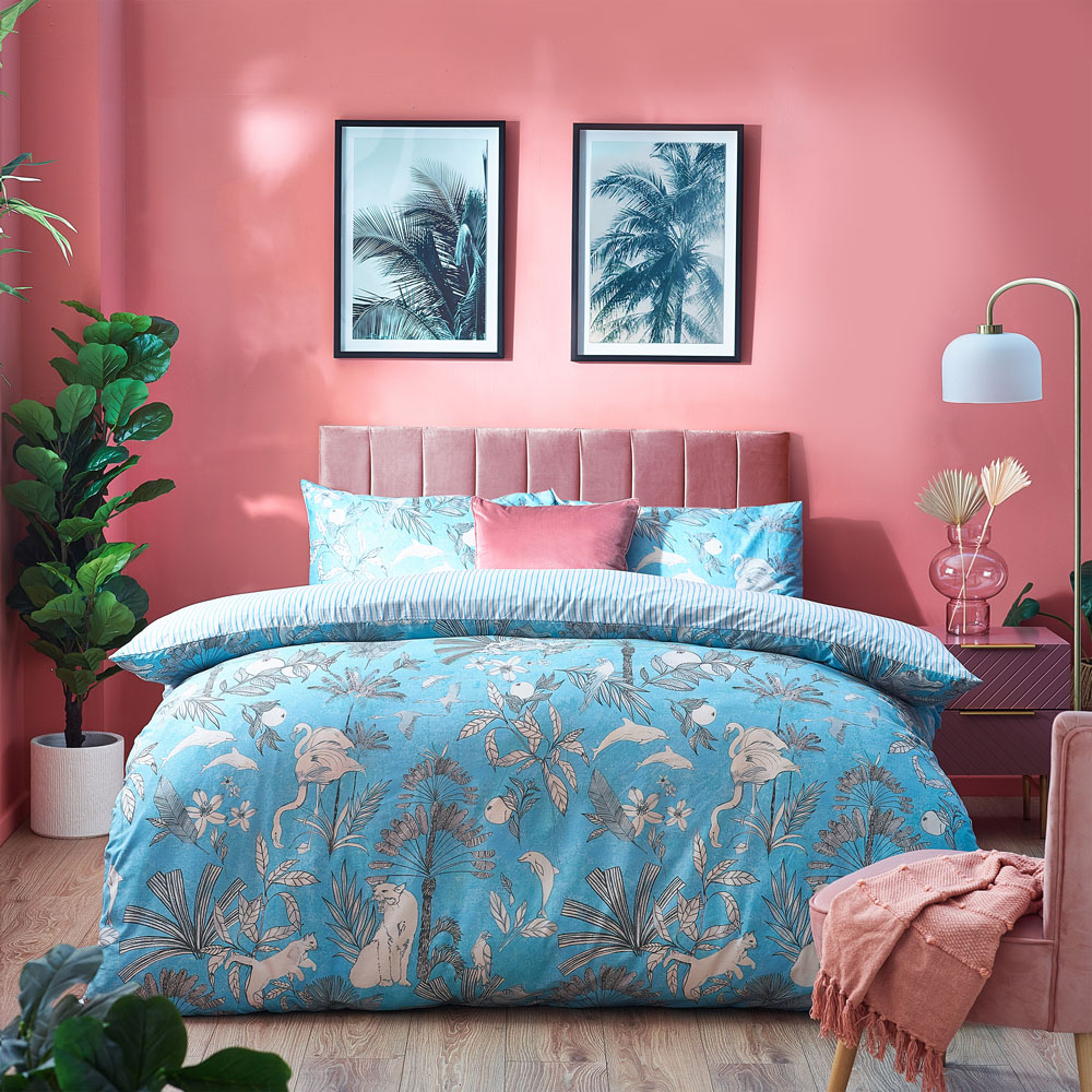 furn. Colony Palm King Size Blue Botanical Duvet Cover Set Image 1