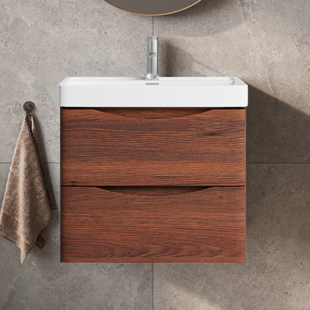 Go Bathrooms 2 Drawer Oak Wall Hung Vanity Unit with Ceramic Basin 600mm Image 1