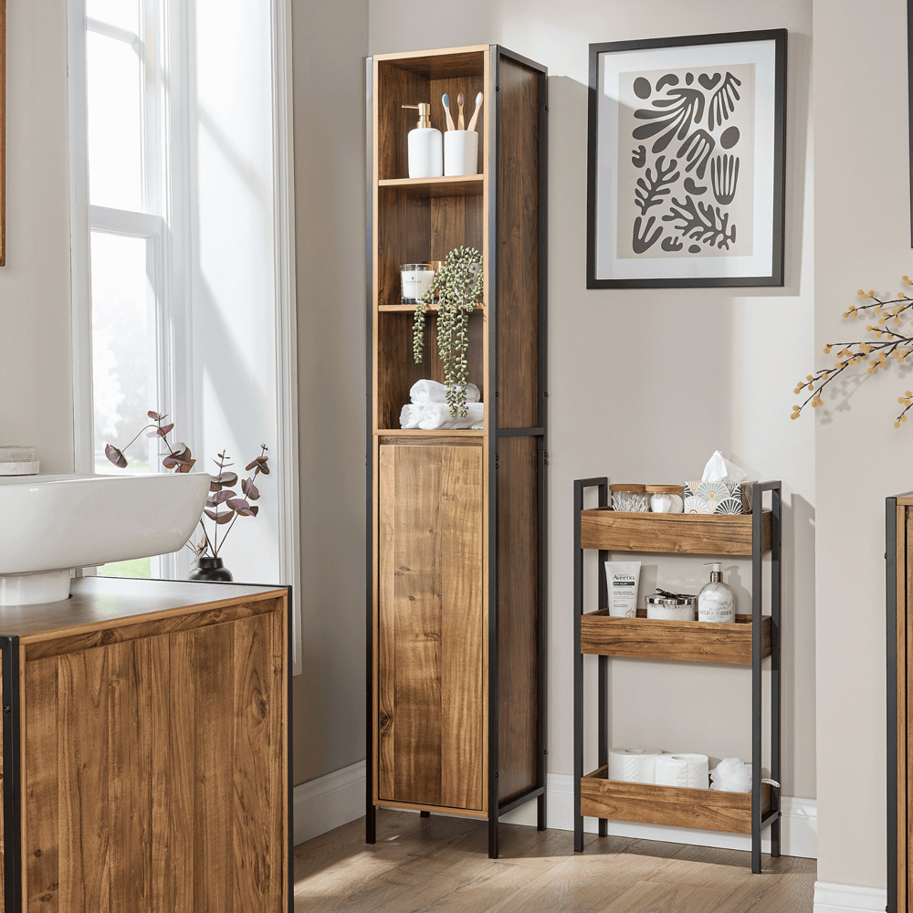 Home Source Locastra Single Door 3 Shelf Oak and Black Tall Bathroom Cabinet Image 5