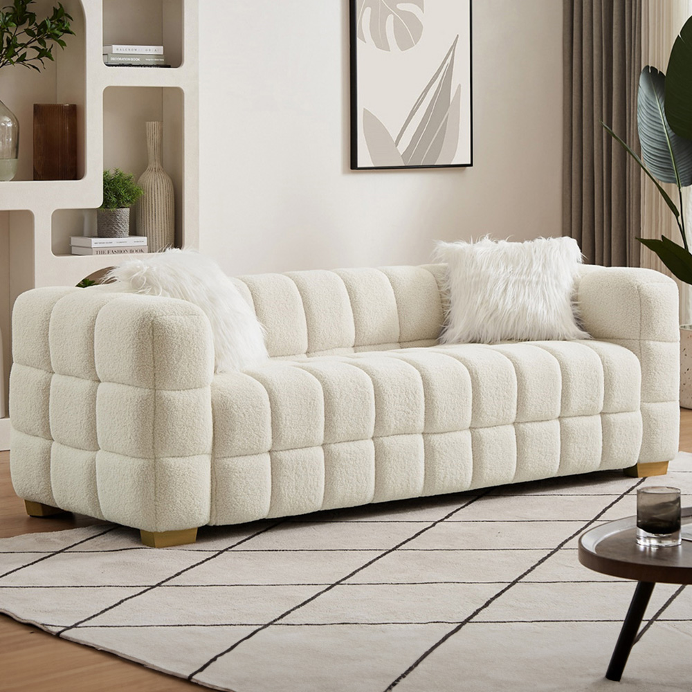 Furniture One 3 Seater White Teddy Fleece Sofa with 2 Pillows Image 1
