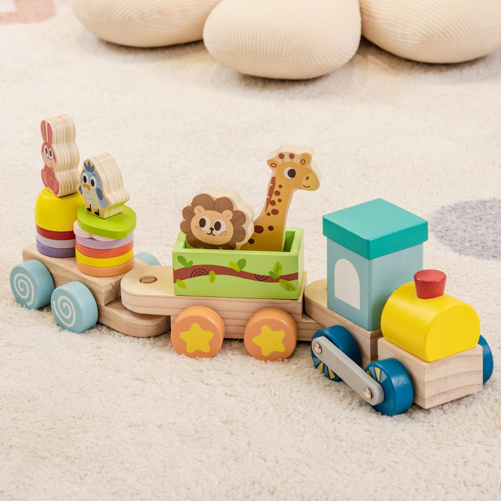Costway Wooden Stackable Train Set with Colourful Animal Toys Image 2