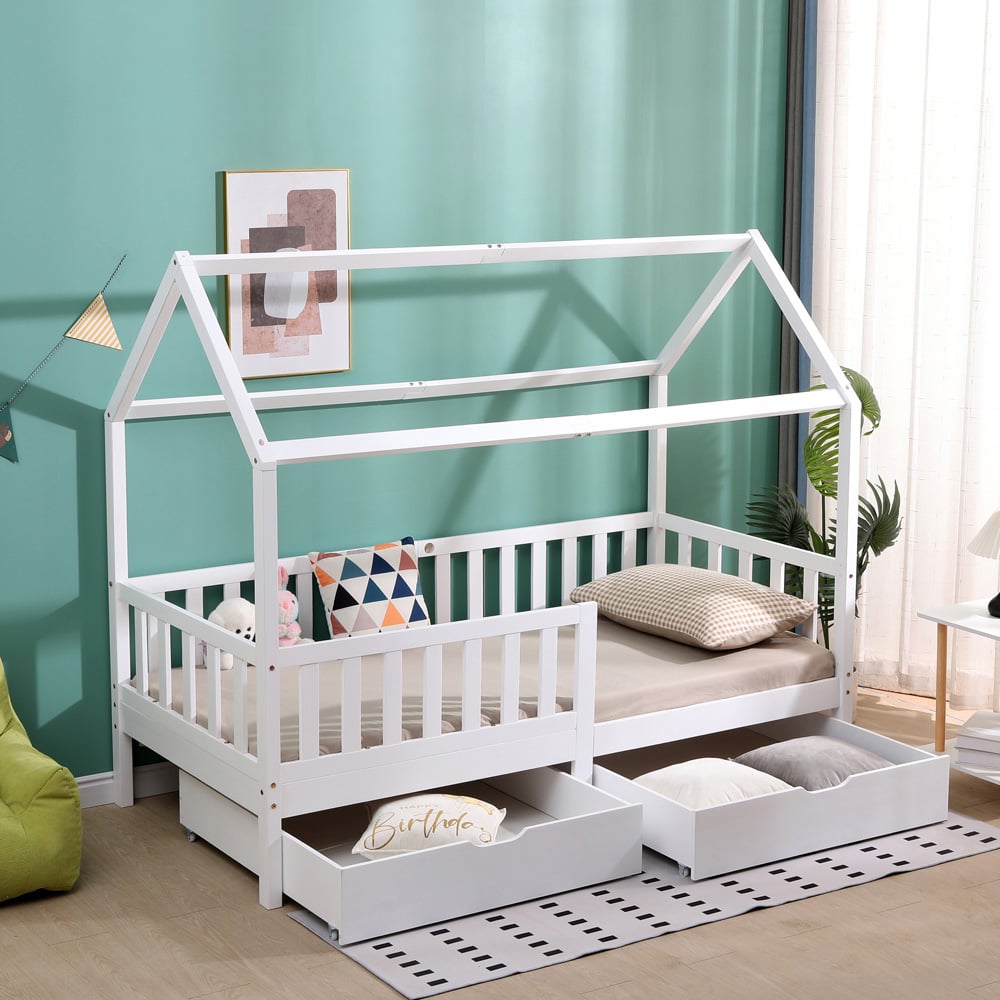 Portland Wood House 2 Drawer White Style B Kids Bed Frame Image 9