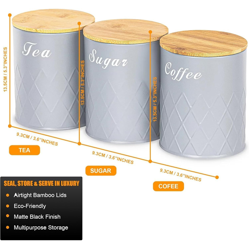 ATEK 5 Piece Grey Kitchen Canister Set with Bamboo Lids Image 6
