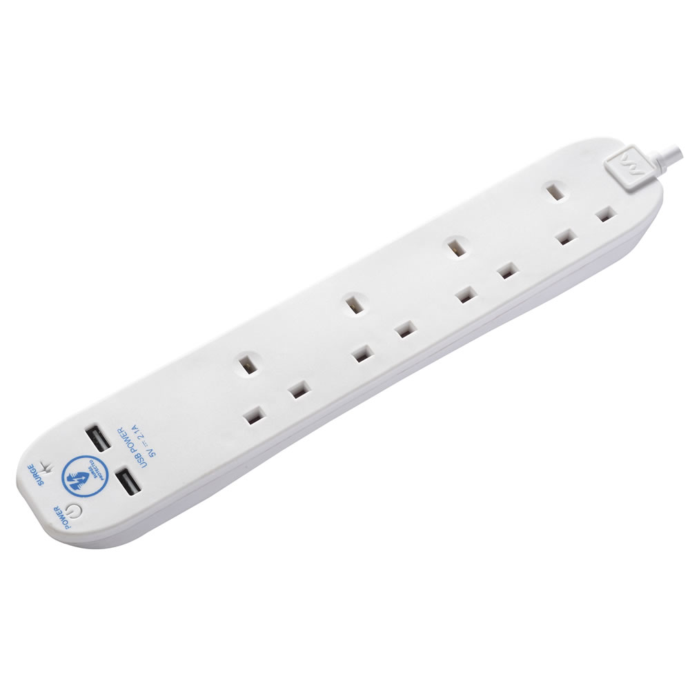 Wilko 1m 4 Gang White Extension Lead with USB Image 1
