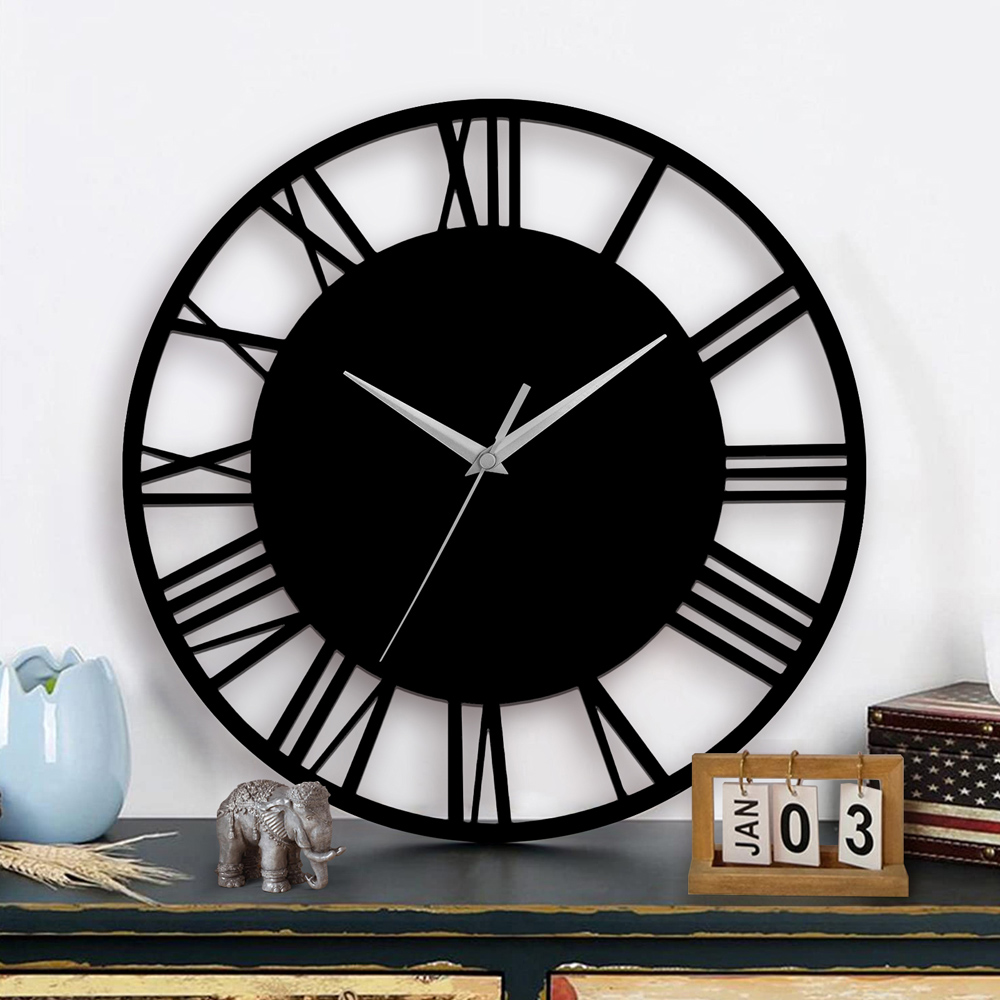 Living and Home Black Roman Round Wooden Wall Clock 31cm Image 6