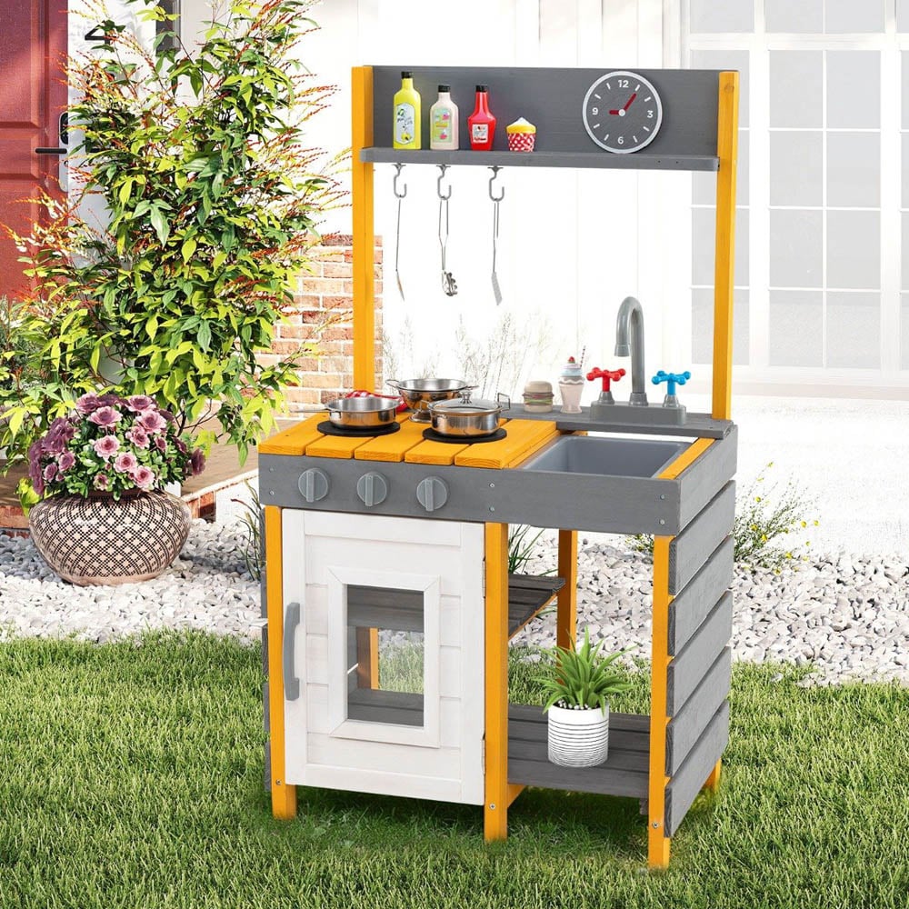 Costway Kids Grey Mud Kitchen Play Set with Stoves Removable Sink and Faucet Image 2