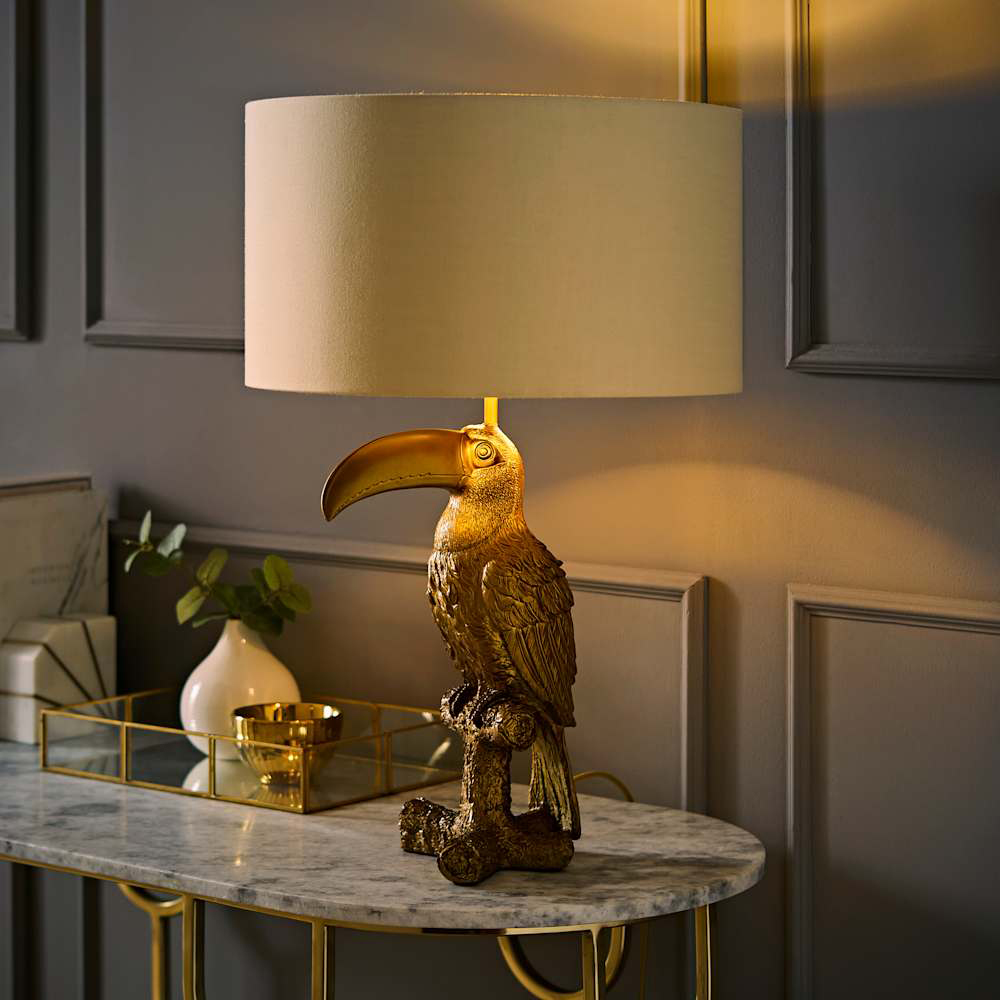 ValueLights Tuki Toucan Gold and Beige Velvet Shade Brushed Bronze Table Lamp with Bulb Image 6