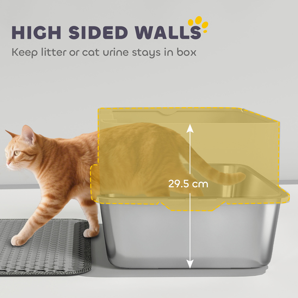 PawHut One Size Grey Stainless Steel High Sided Cat Litter Tray with Scoop Image 5