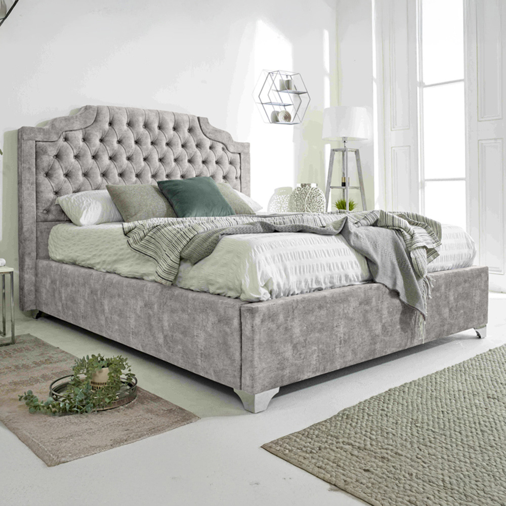 Eleganza Ryker King Size Silver Oakland Fabric Bed Frame with Chesterfield Headboard Image 1