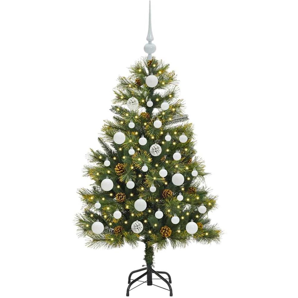 vidaXL Pre-Lit White Baubles and Pinecones Green Artificial Christmas Tree 4ft Image 1
