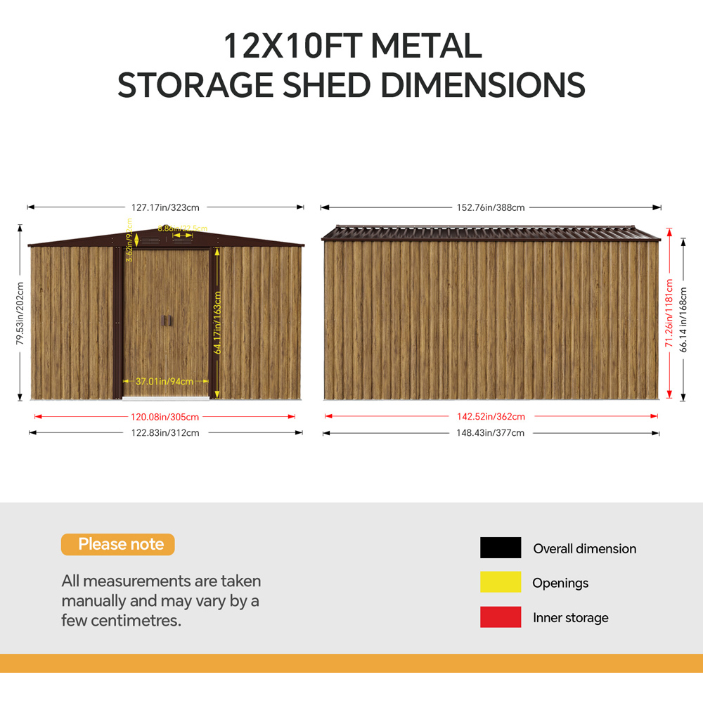 Living and Home 12 x 10ft Brown Wood Grain Metal Apex Garden Storage Shed with Foundation Image 8