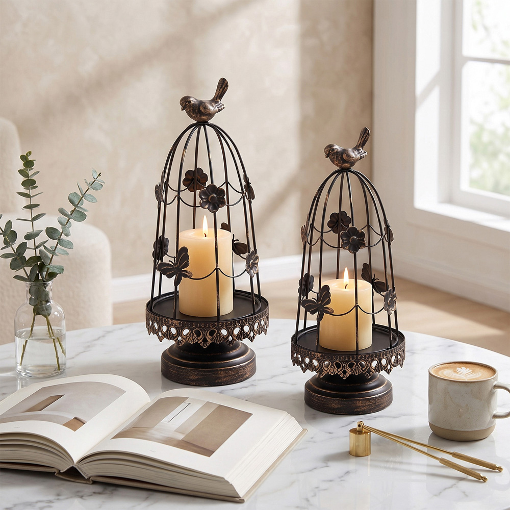Living and Home Black Birdcage Iron Candle Holder Set of 2 Image 2