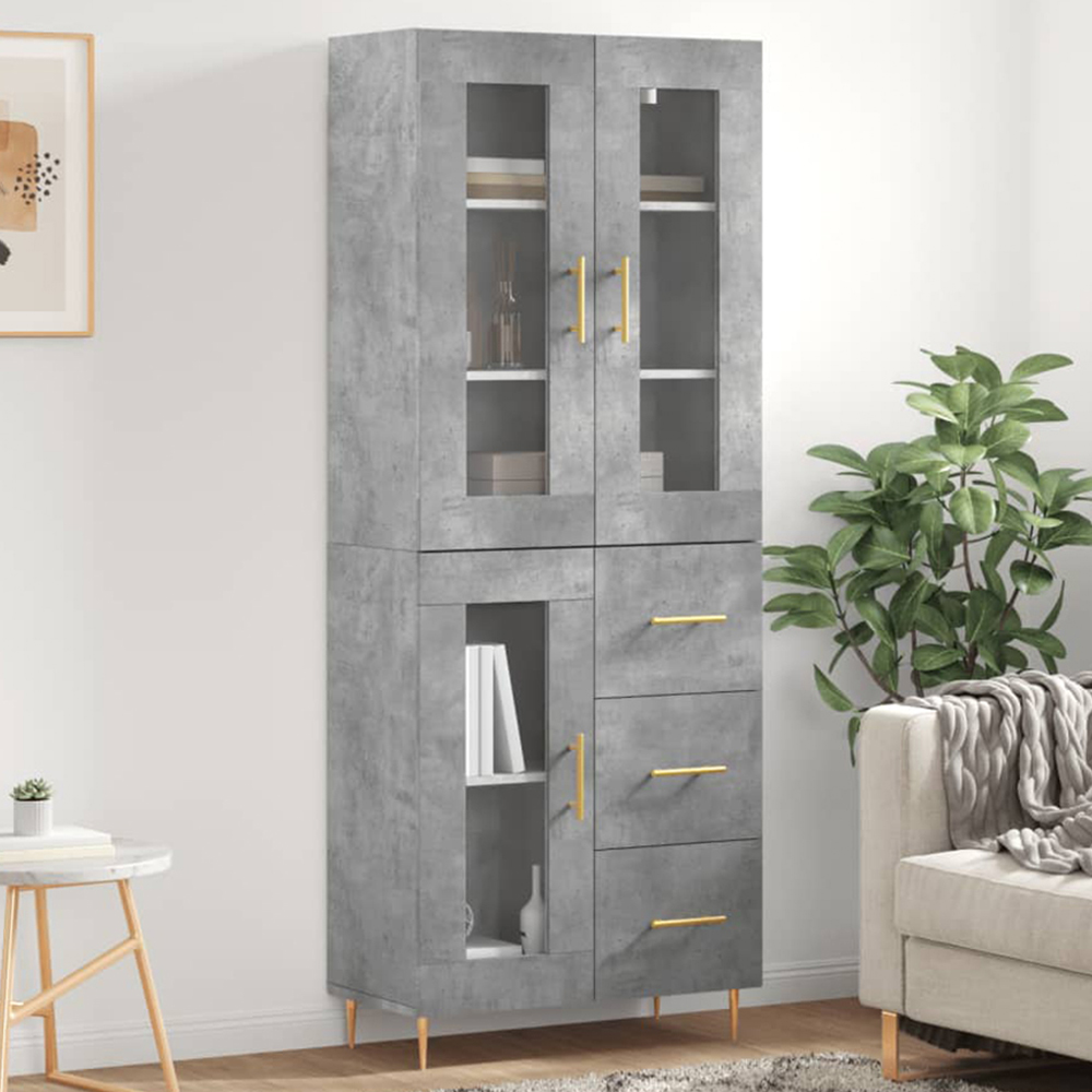 vidaXL 3 Glass Door 3 Drawer Concrete Grey Highboard Image 1