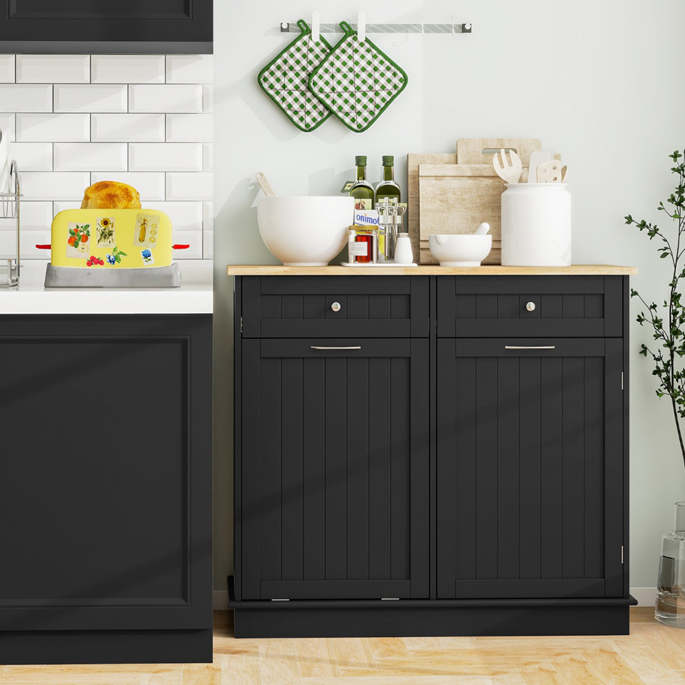 thumbnail image 2 of Double Tilt Out Trash Cabinet 10 Gallon Wooden Standing Laundry Sorter Cabinet Recycling Hideaway Drawer Tilt Can Bin Kitchen Black 2 of 9