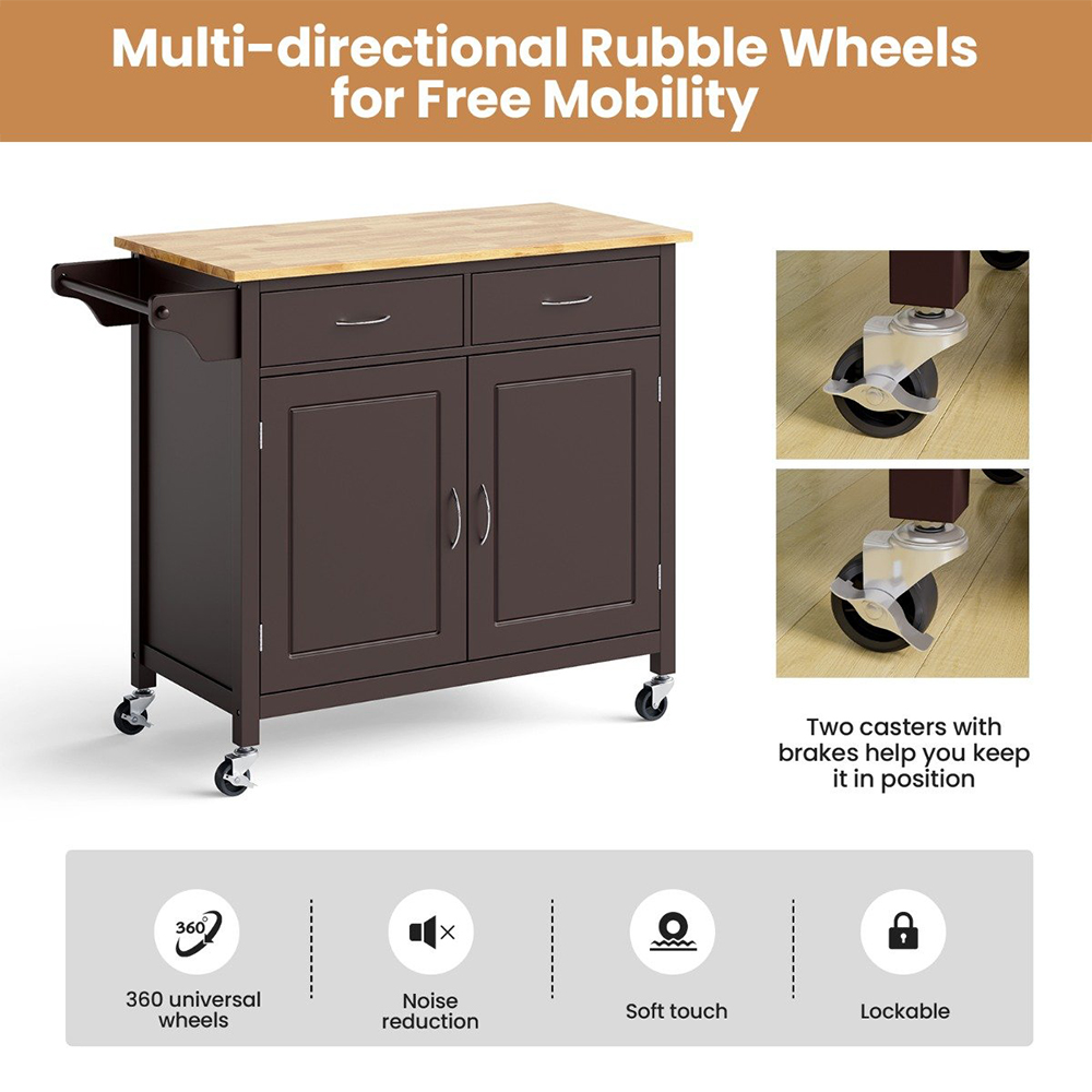 Costway 2 Door 2 Drawer Brown Rolling Kitchen Island Cart Image 6