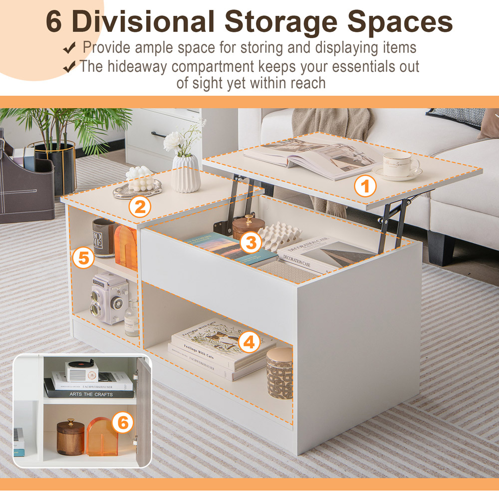 Costway Single Door Single Shelf White Lift Up Top Coffee Table Image 8