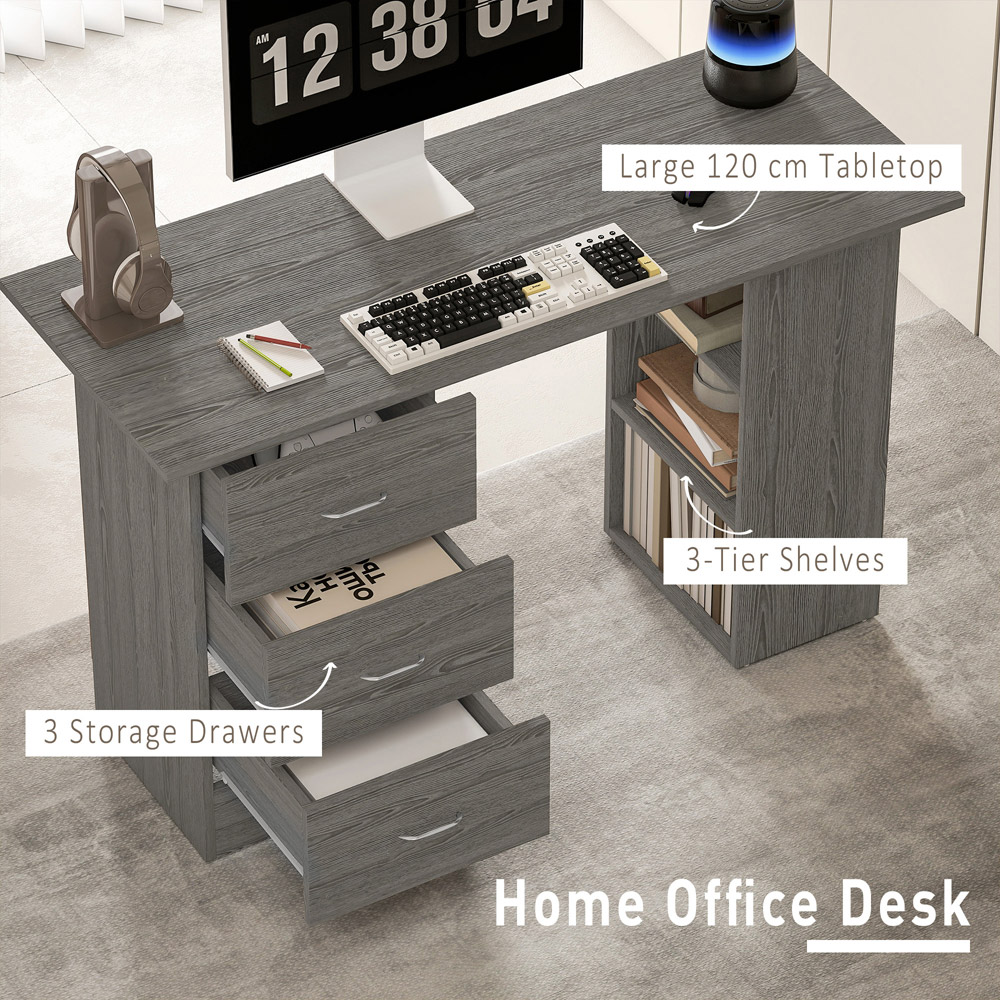 HOMCOM 3 Drawer 3 Shelf Computer Desk Grey Image 4