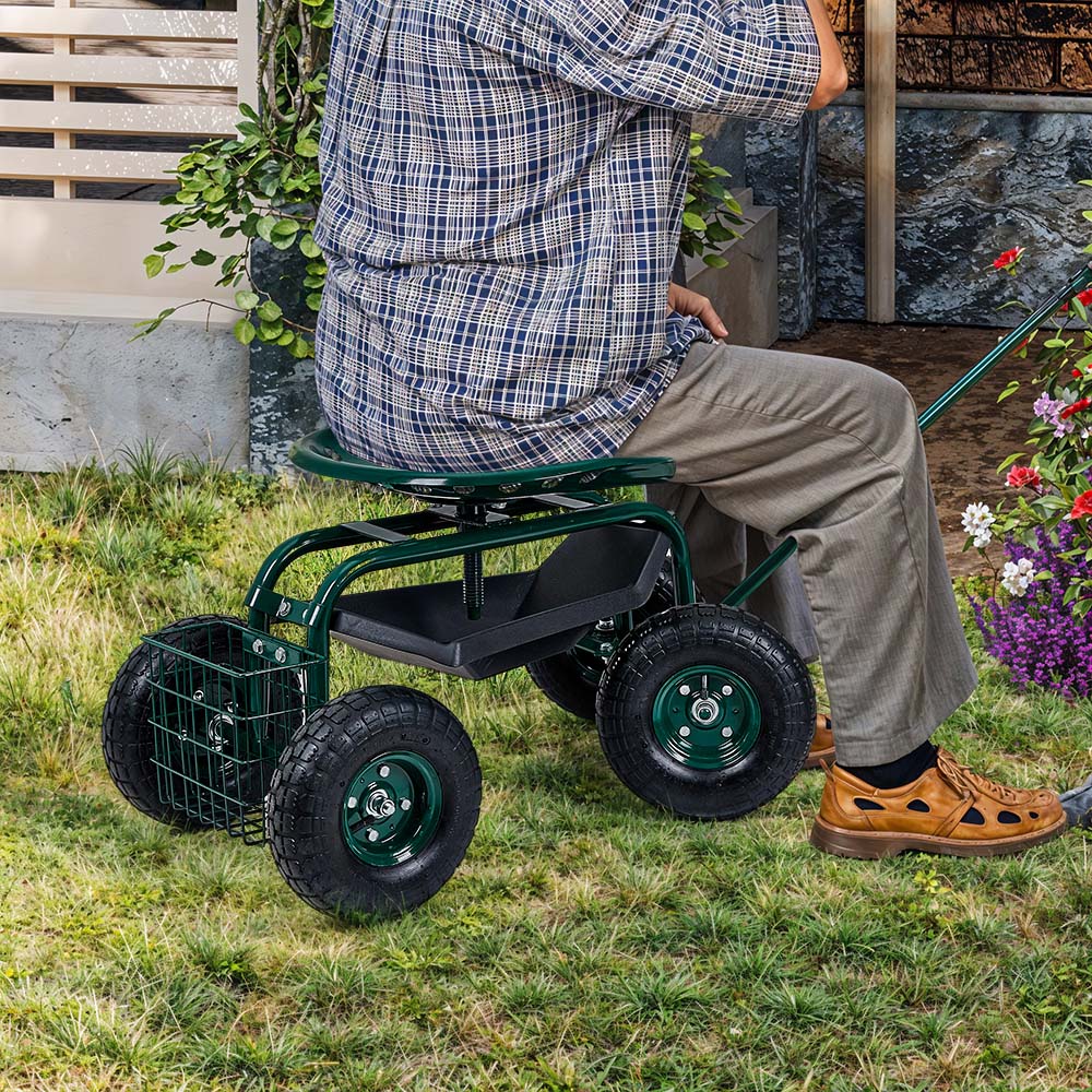 Living and Home Green Adjustable Rolling Garden Cart with Seat and Basket Image 7