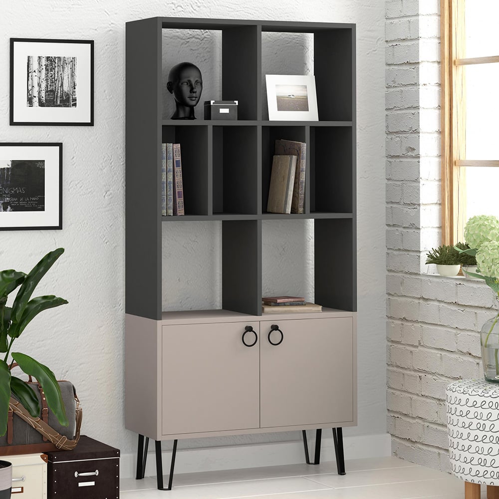Decortie Bene 2 Door 8 Shelf Anthracite Mocha Grey Bookcase Image 1