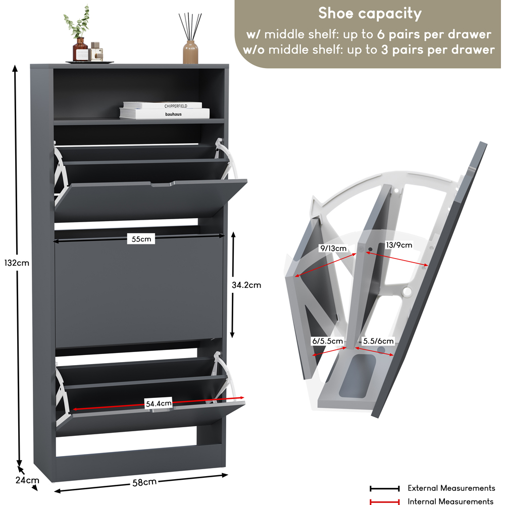 VIDA DESIGNS 3 Drawer Single Shelf Grey Shoe Cabinet Image 9
