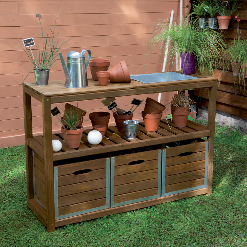Cerland Choko Single Shelf Wooden Garden Bar with 3 Bins Image 2