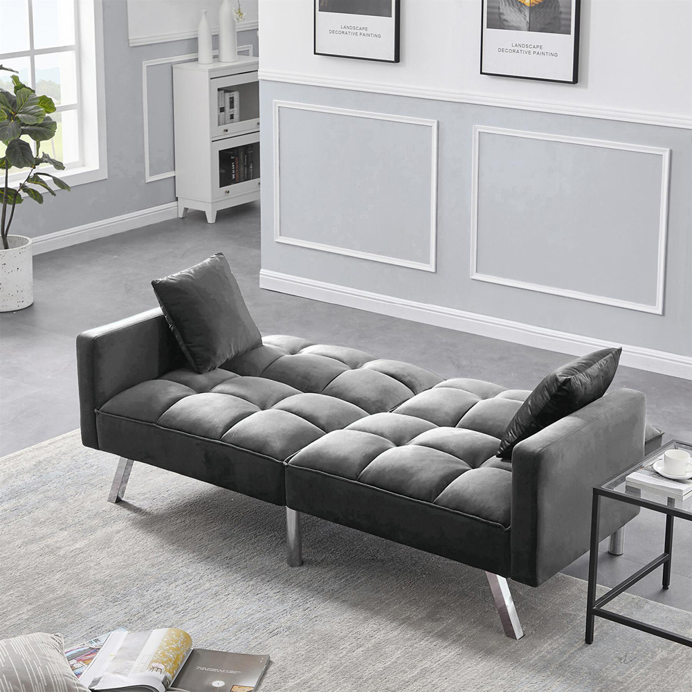 Portland 2 Seater Grey Velvet Sofa Bed with Pillows Image 7