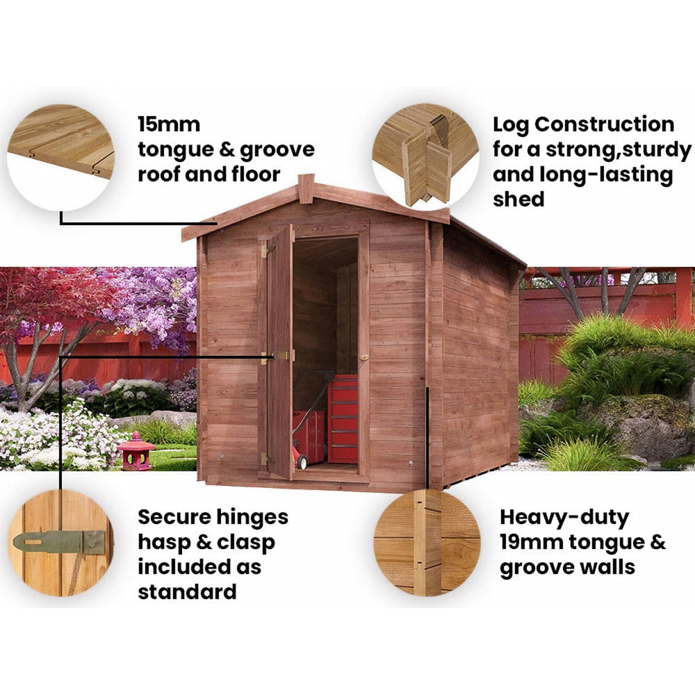 Dunster House Taarmo 6 x 8ft Brown Heavy-Duty Apex Garden Log Shed Image 4