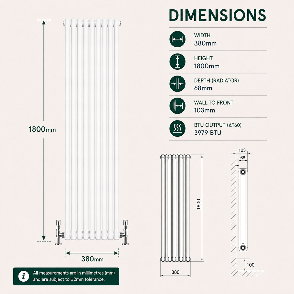 Go Bathrooms Uxbridge White Vertical Traditional Colosseum Radiator 1800 x 380mm Image 7