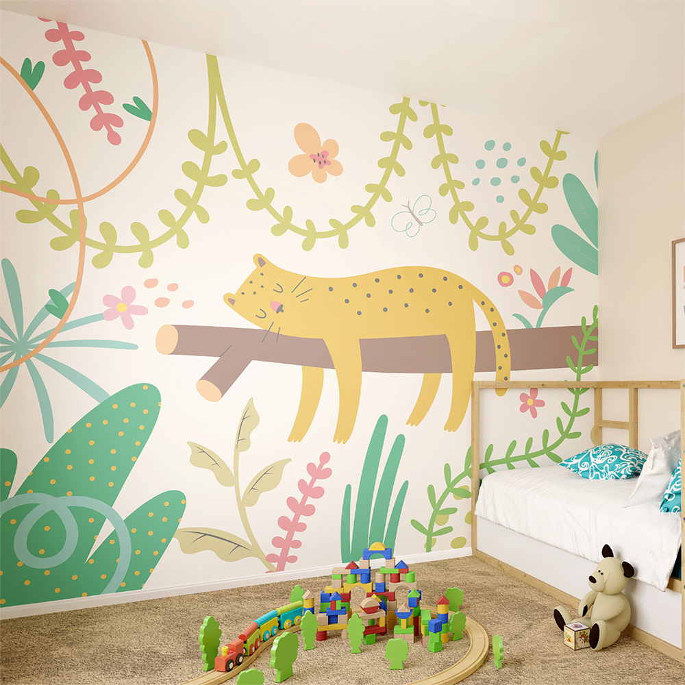 Origin Murals Sleeping Jungle Leopard Green Wall Mural Image 1