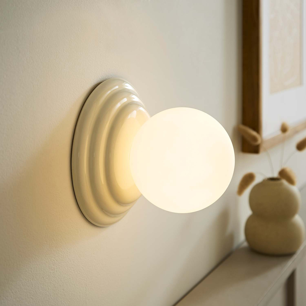 ValueLights Rue Frosted Glass Shade Cream Ribbed Ceramic Base Flush Wall Light with Bulb 2 Pack Image 5