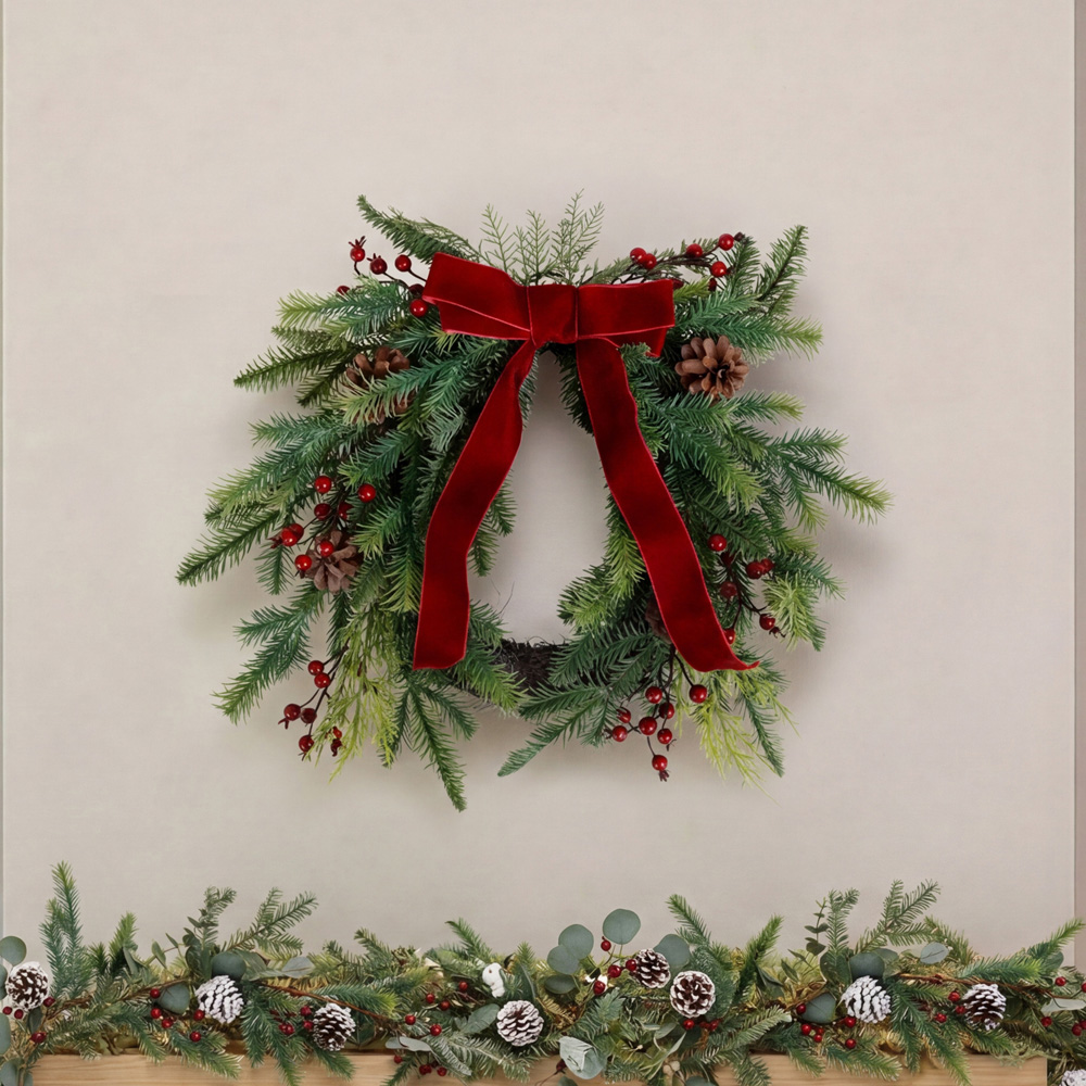 Charles Bentley Green Christmas Wreath with Red Bow and Berries 55cm Image 8