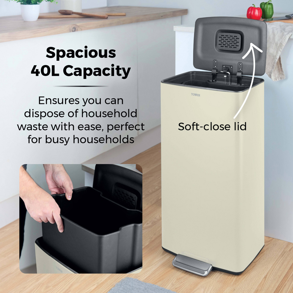 Tower Rectangular Cream Pedal Bin 40L Image 3