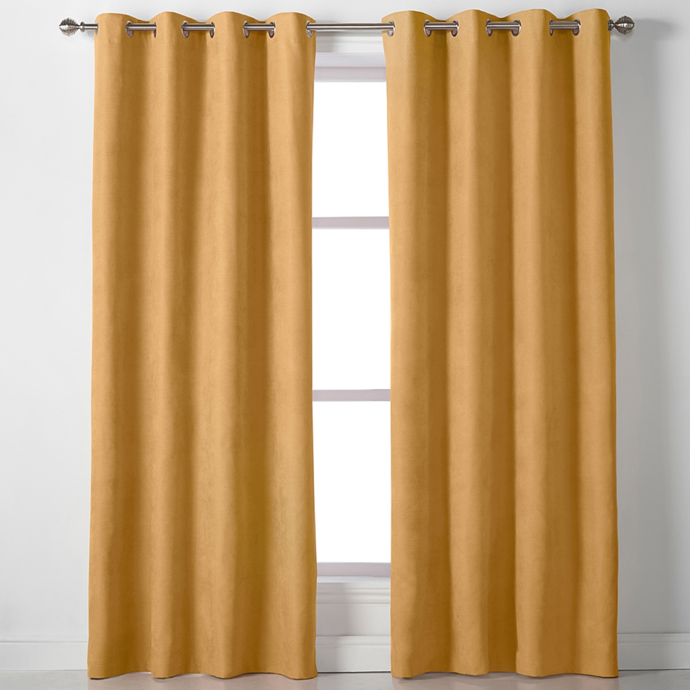 Alan Symonds Ochre Velvet Chenille Ring Top Eyelet Curtains 142 x 137cm Image 1