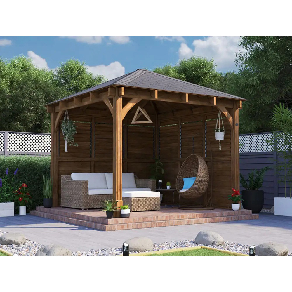 Dunster House Leviathan 3 x 3m Brown Louvre Wall Garden Gazebo with Heavy Duty Roof Shingles Image 3