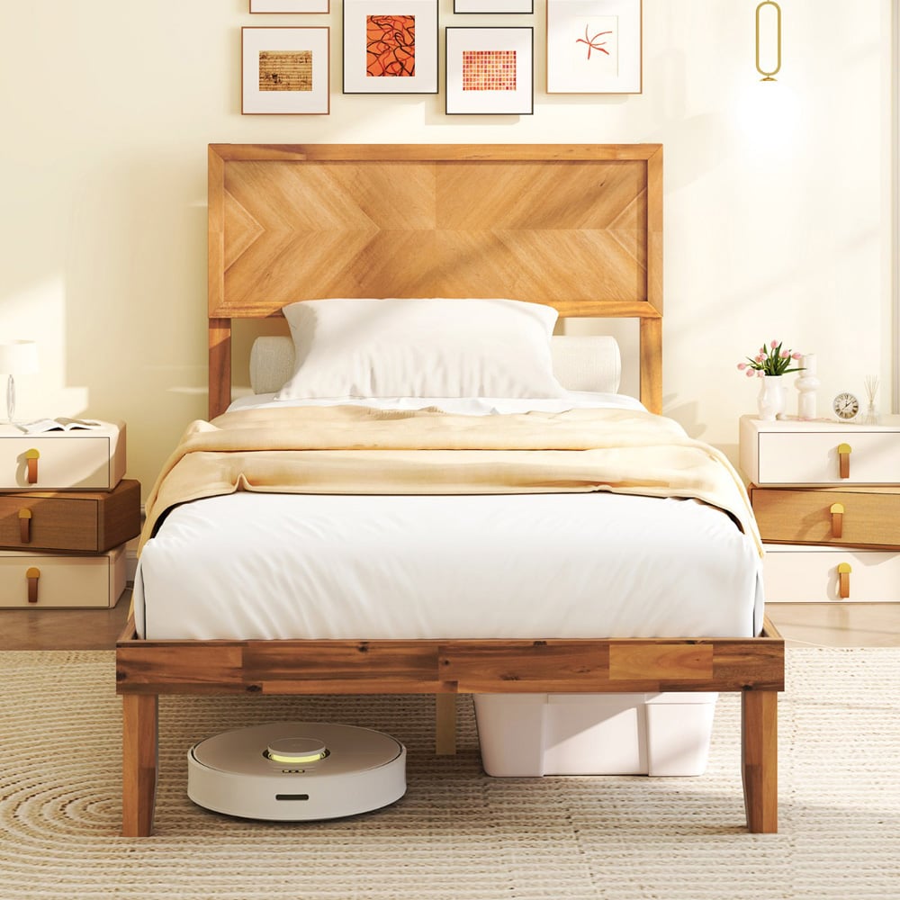 Costway Mid Century Single Acacia Wooden Bed Frame with Headboard Image 3