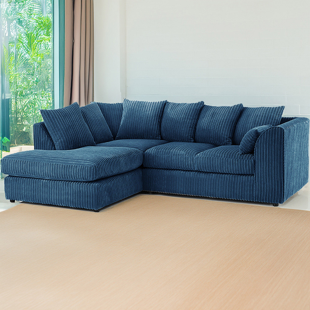 Luxor 3 Seater Marine Blue Jumbo Cord Left Hand Facing Corner Sofa Image 1